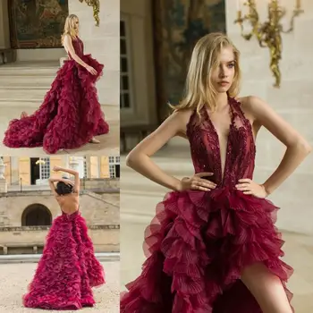 Marvelous Burgundy High Low Evening Dresses Lace Sequined Halter Neck Tiered Ruffles Sexy Party Prom Gowns New robes de soirée 
Marvelous Burgundy High Low Evening Dresses Lace Sequined Halter Neck Tiered Ruffles Sexy Party Prom Gowns New robes de soirée