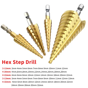 Drill Bit Set Step Cone Taper Hole Cutter 3-12mm/13mm 4-20mm/22mm/32mm Titanium Coated Metal Hex Stepped Drill Bits
Drill Bit Set Step Cone Taper Hole Cutter 3-12mm/13mm 4-20mm/22mm/32mm Titanium Coated Metal Hex Stepped Drill Bits