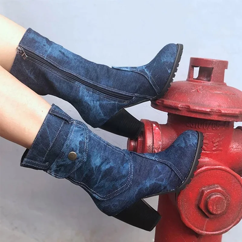 Women Fashion Retro Denim Mid Calf Boots Women's Zip High Thick Heels Ladies Casual Sewing Woman Soft Comfortable Female 2019
Women Fashion Retro Denim Mid Calf Boots Women's Zip High Thick Heels Ladies Casual Sewing Woman Soft Comfortable Female 2019