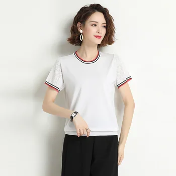 Fashionable casual short-sleeved striped cuffs knitted bottoming shirt women 
Fashionable casual short-sleeved striped cuffs knitted bottoming shirt women