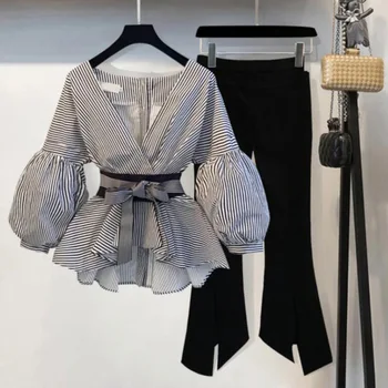 Women's Two-piece Sets Sexy V-neck Lantern Sleeve Tops Striped Blouses Shirts with Bow Split Pencil Slim Pants Suits
Women's Two-piece Sets Sexy V-neck Lantern Sleeve Tops Striped Blouses Shirts with Bow Split Pencil Slim Pants Suits