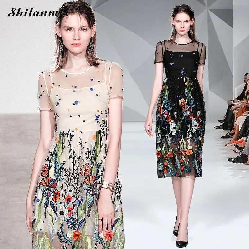 Elegant Embroidered Floral Hollow Dress Women England Style Mesh Short Sleeve A-Line Dresses Female Luxury Party Dress Summer 
Elegant Embroidered Floral Hollow Dress Women England Style Mesh Short Sleeve A-Line Dresses Female Luxury Party Dress Summer