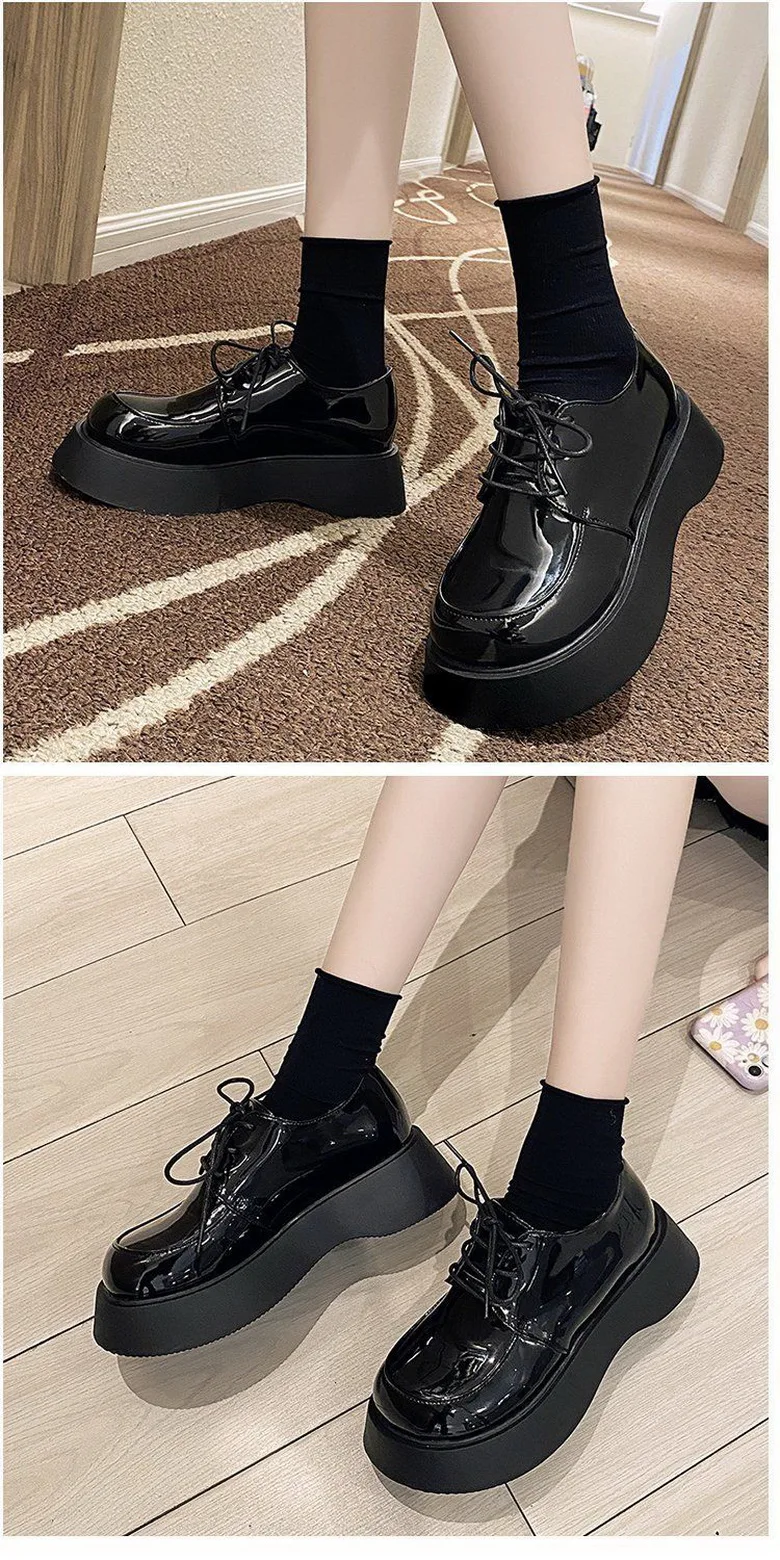 Platforms Shoes Women Bottom Heels Woman Autumn Shoes Round Big toe Shoe British Style Girls Faves Footwear Slip On Black