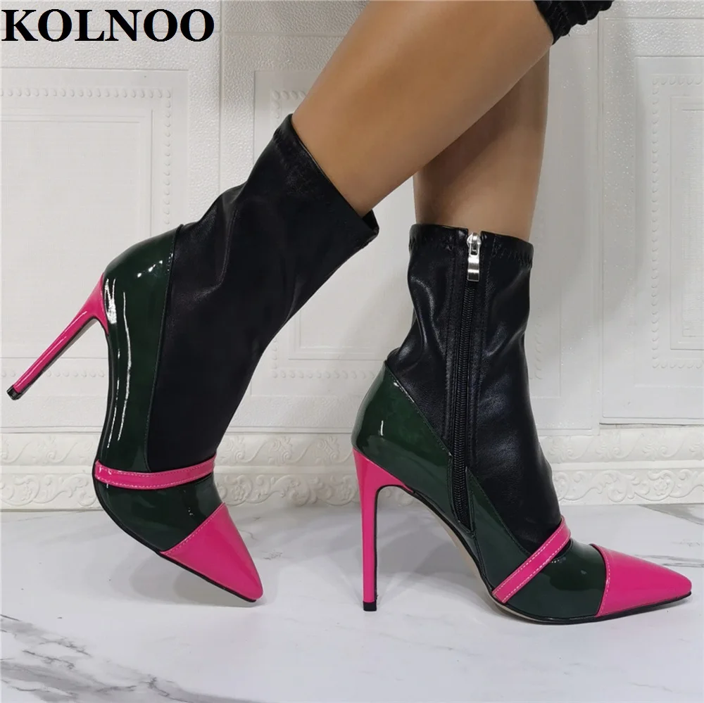 

Kolnoo New 2023 Real Photos Ladies High Heels Boots Patchwork Dress-Style Pointy Sexy Dress Boots Evening Fashion Winter Shoes