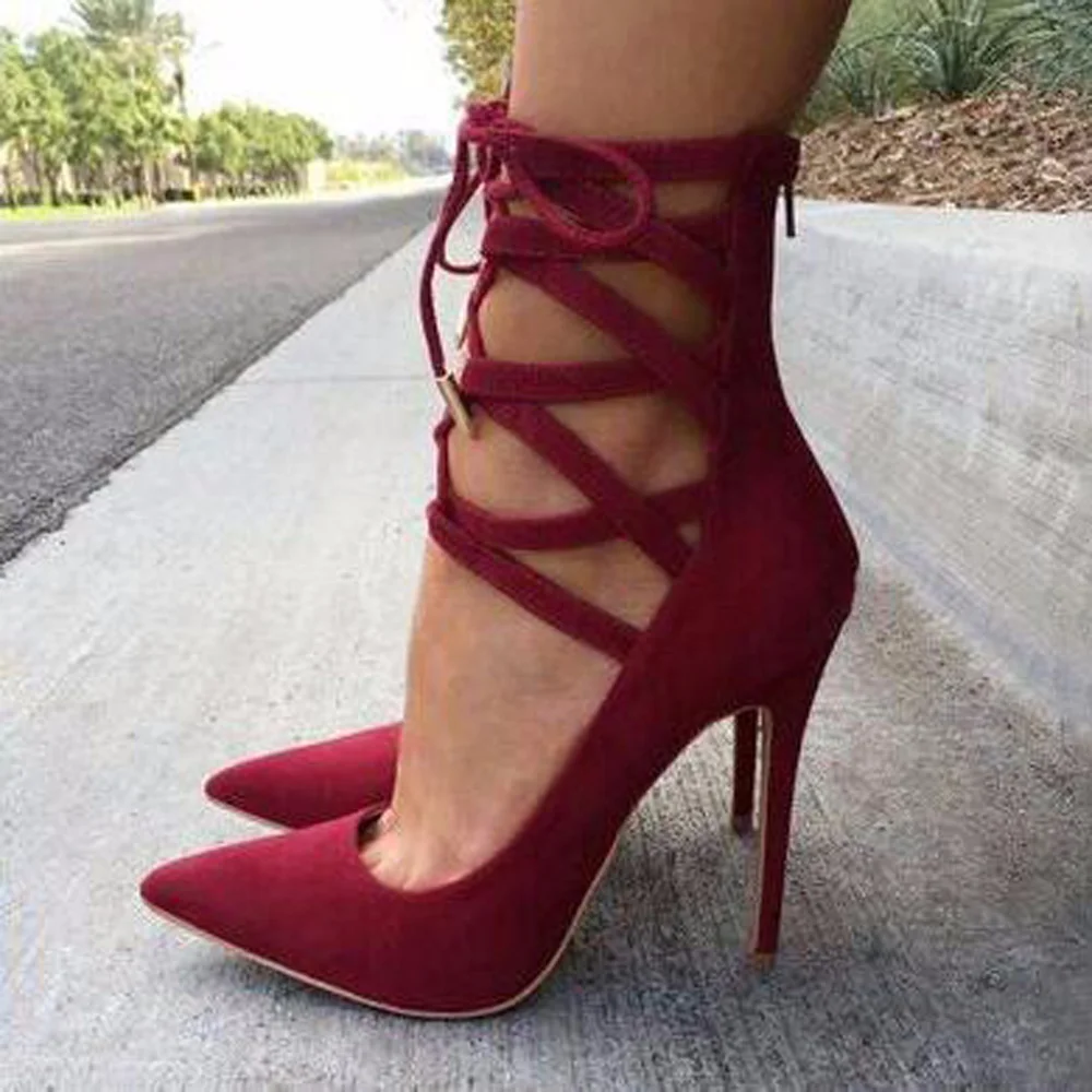 

Minan Ser Beautiful fashion free postage burgundy suede, cross straps, zippers, 11 cm high-heeled shoes. Size: 35-43