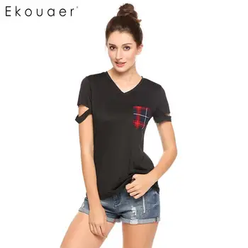 Ekouaer Women Casual Tops t shirt Short Sleeve Front Pocket V Neck Plaid Slim Pullover Cut Out T-Shirt 
Ekouaer Women Casual Tops t shirt Short Sleeve Front Pocket V Neck Plaid Slim Pullover Cut Out T-Shirt