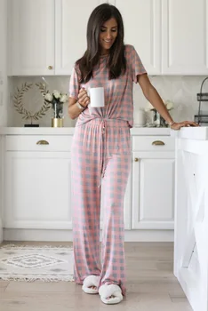 2020 Summer Women Female Ladies Home Wear Soft Short Sleeve Top Pants Plaid Print Pajamas Set Sleepwear Nightwear 2PCS Outfit 
2020 Summer Women Female Ladies Home Wear Soft Short Sleeve Top Pants Plaid Print Pajamas Set Sleepwear Nightwear 2PCS Outfit