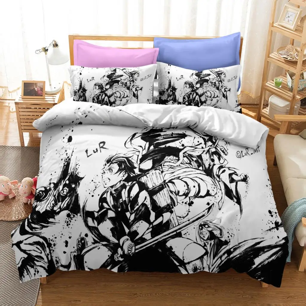 

Black And White Demon Slayer Bedding Sets Japan Anime Quilt Cover Queen King Size Bed Linen Set 2/3 Piece Bedspread For Teens