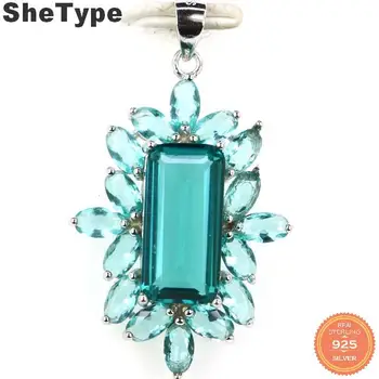 

38x23mm SheType 3.9g Created Rich Blue Aquamarine Real Blood Ruby Gift For Man 925 Solid Sterling Silver Pendant