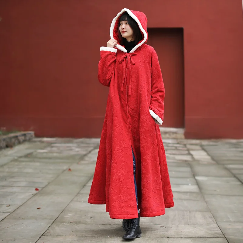 

LZJN 2021 New Women's Maxi Hooded Fleece Cape Coat Wedding Cloak Winter Long Cotton Linen Trench