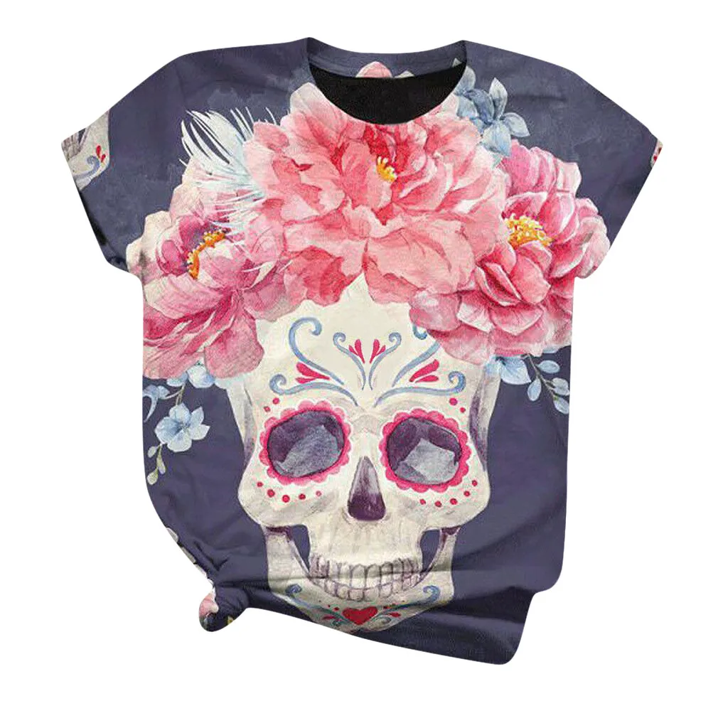 Multi Sizes Printed Short Sleeve Casual Women T-Shirt Women T shirt Short Sleeve Oversized Tops Skull Printed Printed O-Neck Tee T-Shirt