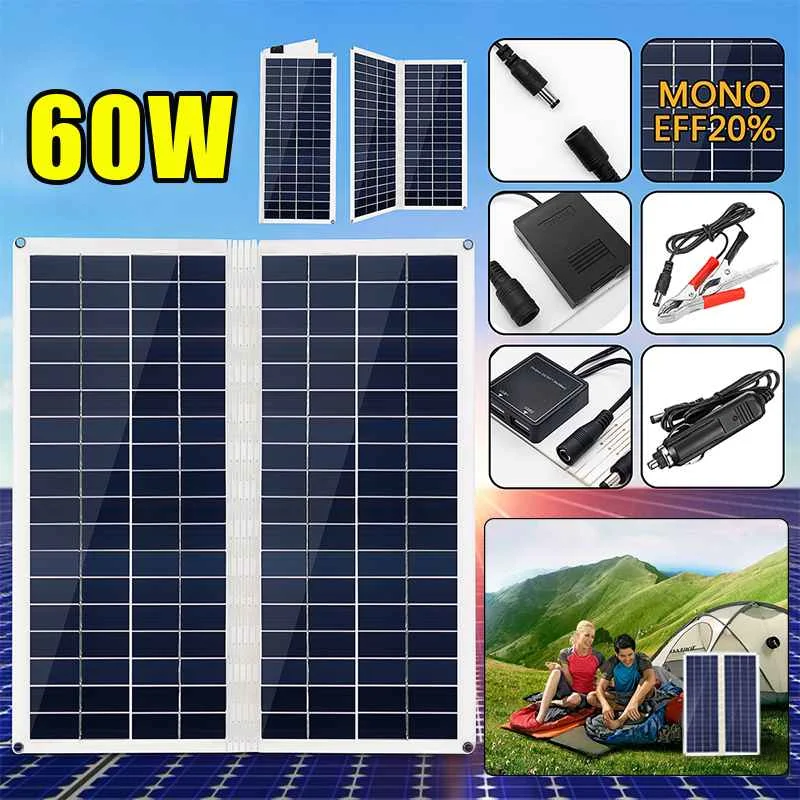 Folding Solar Panel 60W 18V Semi-flexible Monocrystalline Portable Solar Cell DIY Module Outdoor Connector Battery Charger
Folding Solar Panel 60W 18V Semi-flexible Monocrystalline Portable Solar Cell DIY Module Outdoor Connector Battery Charger