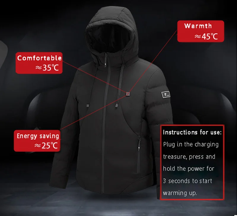 Upgrade your winter wardrobe with this electric heated jacket. This black jacket comes with a hood and provides warmth and comfort during colder weather. Stay cozy by simply plugging in the battery pack and adjusting