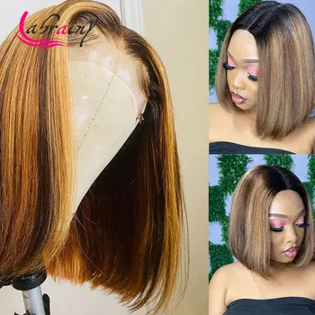 

13x6 Highlight Human Hair Wigs Glueless PrePlucked Ombre Honey Blonde Brown HD Transparent Lace Front Short Bob Natural Hairline