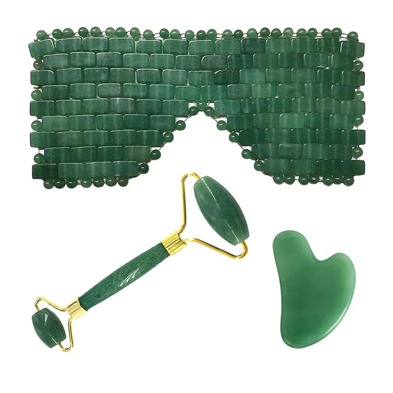 

Aventurine Cooling Eye Mask Natural Jade Sleep Eye Cover Face Massager Facial Massage Tool Jade Roller Guasha Board Scraper Set