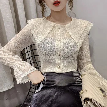 Pearl Peter Pan Collar Lace Shirt Perspective Flare Sleeve Ruffles Shirts Women Spring Transparent Slim Long Sleeve Basic Shirt
Pearl Peter Pan Collar Lace Shirt Perspective Flare Sleeve Ruffles Shirts Women Spring Transparent Slim Long Sleeve Basic Shirt