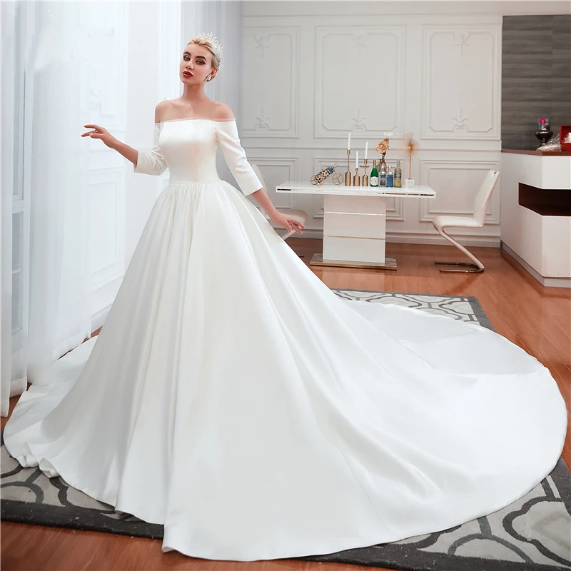 Vestidos De Noiva 2020 New Long Satin Wedding Dresses Lace Up Three Quarter Bridal Gown Mariage Robe De Mariee Custom Made (2)