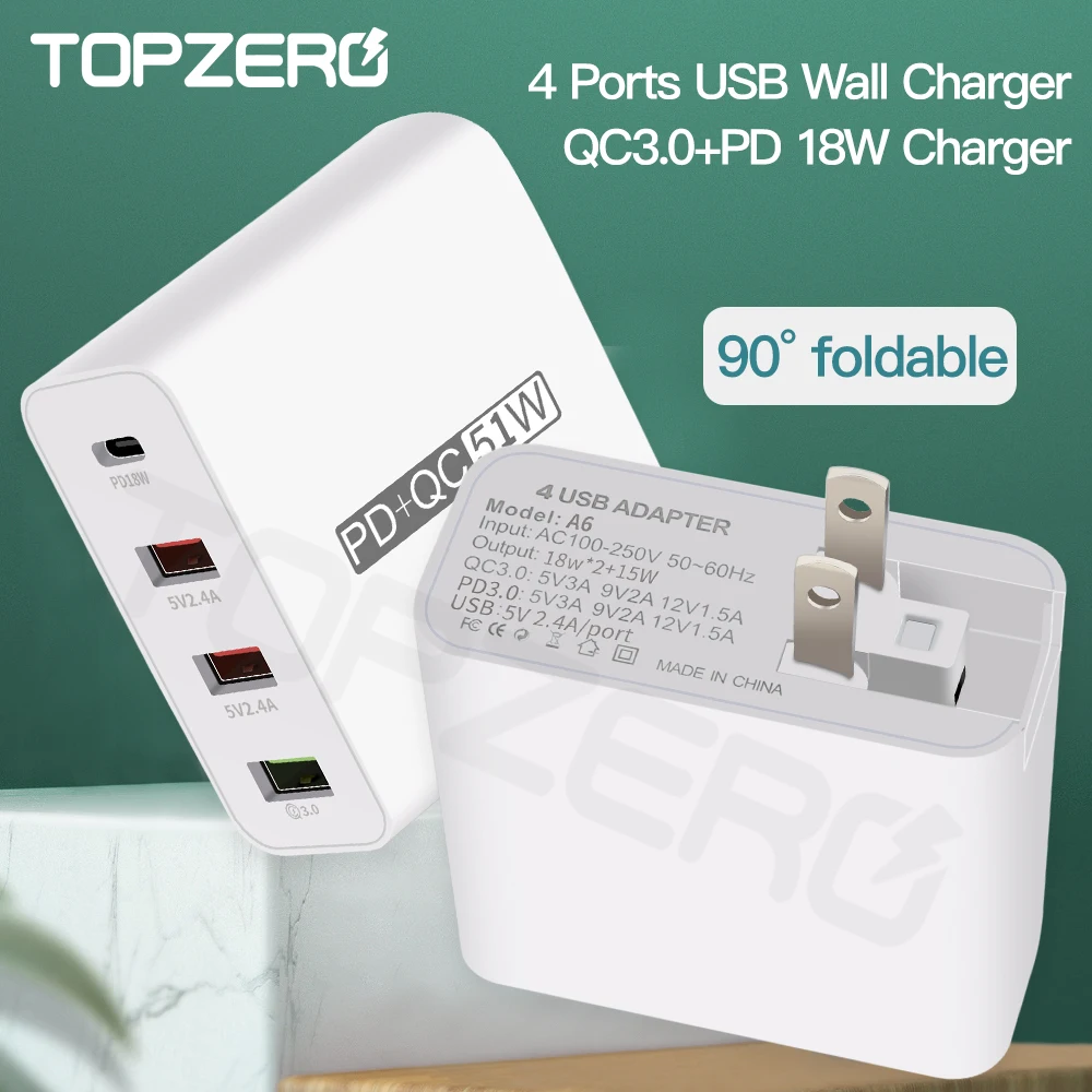 TOPZERO USB зарядное устройство 51W QC3.0 PD3.0 портативное с 4 портами настенный адаптер для