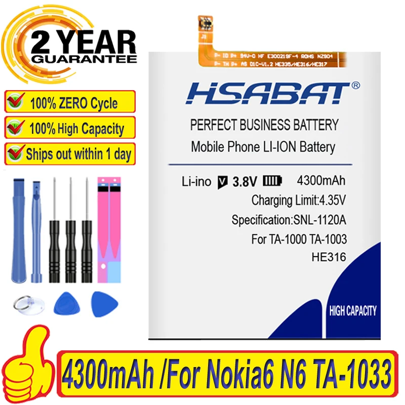 100% Оригинальный HSABAT 4300 мАч HE316 аккумулятор для Nokia 6 Nokia6 N6 TA-1033 TA-1039 TA-1003 TA-1000 TA-1021