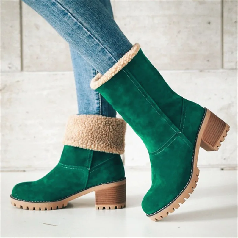 

Siddons Winter Women Fur Snow Boots Square Med-heel Round Toe Mid-Calf Female Booties With Thick Soles Slip-On Flock Botas Mujer