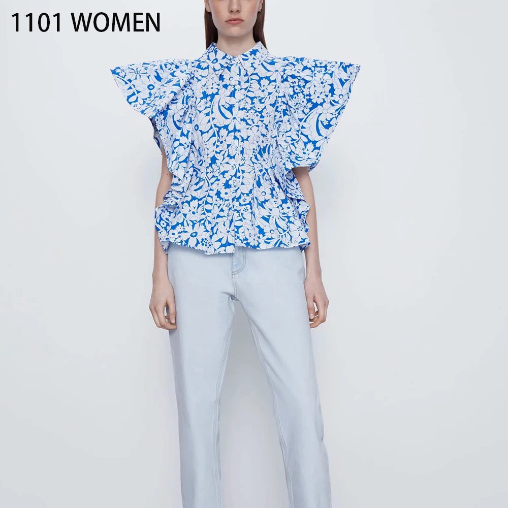 ZA 2020 NEW Summer Spring women‘s white blue floral printed ruffles sleeveless turn-down collar shirt fashion female clothes |