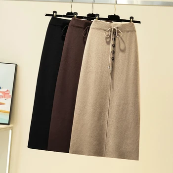 Women Skirt A-Line Mid-Calf Elegant Autumn Winter Fashion Knitted Lace Up Button Skirt High Waist Skirts Womens 
Women Skirt A-Line Mid-Calf Elegant Autumn Winter Fashion Knitted Lace Up Button Skirt High Waist Skirts Womens