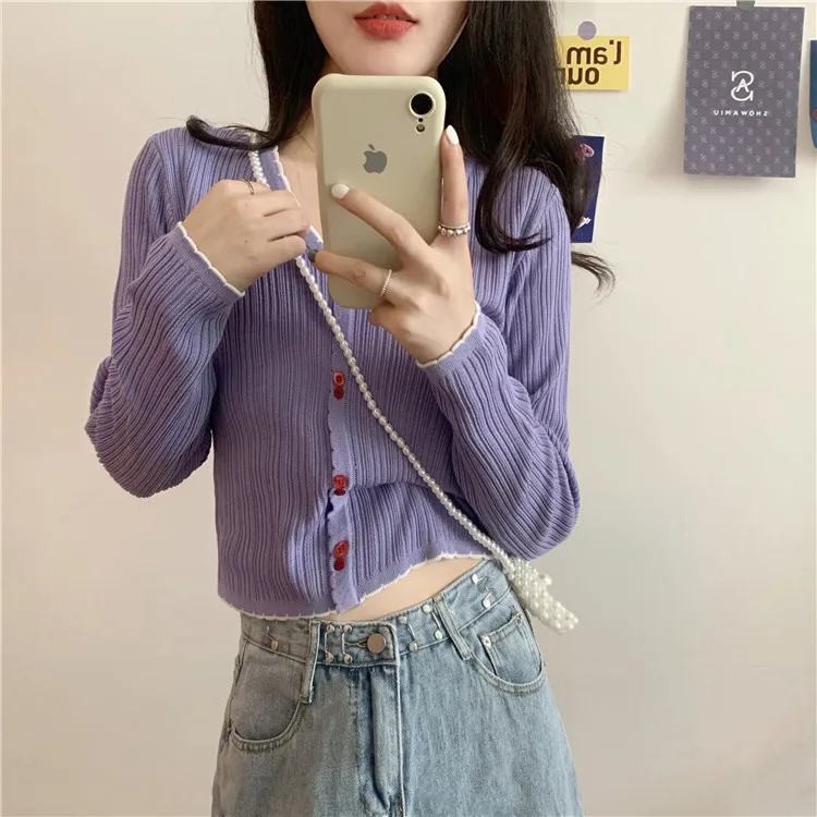 Korean Spring Women Knitted T Shirt 2020 Women Short Slim Tshirt Lady Long Sleeve Sweet Basic Tee Top Black Red White Purple