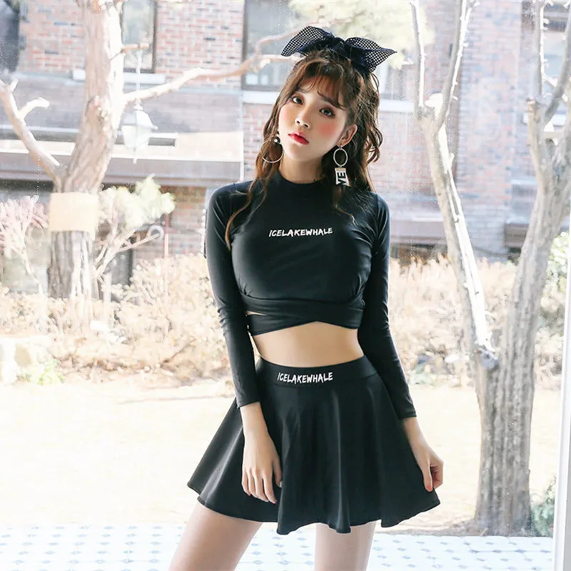 South Korea Long Sleeve Sun-resistant Bathing Suit Sexy Large Bust Black with Thin Look Students Conservative Swimming Suit Skir 
South Korea Long Sleeve Sun-resistant Bathing Suit Sexy Large Bust Black with Thin Look Students Conservative Swimming Suit Skir