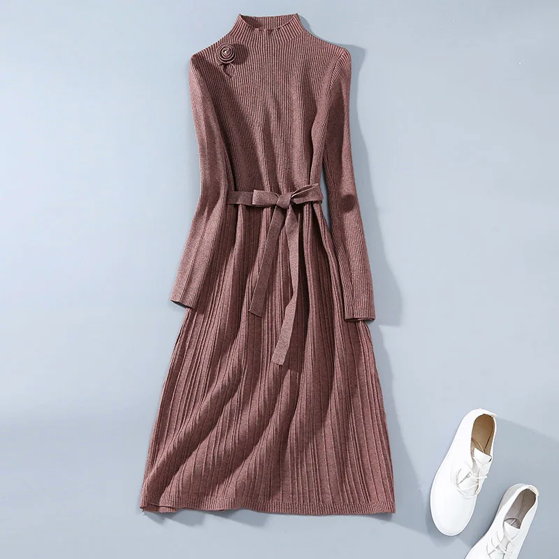 Winter Dress Women 2019 New Half Turtleneck Long Sleeved Solid Color Slim Belted Elastic Knitted Dress Knee Length 
Winter Dress Women 2019 New Half Turtleneck Long Sleeved Solid Color Slim Belted Elastic Knitted Dress Knee Length