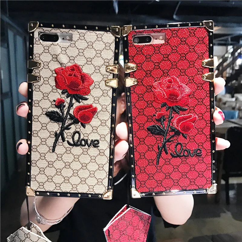 Luxury Embroidery Rose Flower Square Phone Case For iPhone 11 Pro X Xr Xs Max Lanyard Leather Cover 6 6s 7 8 Plus SE2 | Мобильные