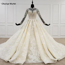 HTL1094 eleganckie suknie ślubne liban na szyję pełna rękaw suknia aplikacje koronkowa suknia dla panny młodej suknia długi pociąg gelinlikler(China)