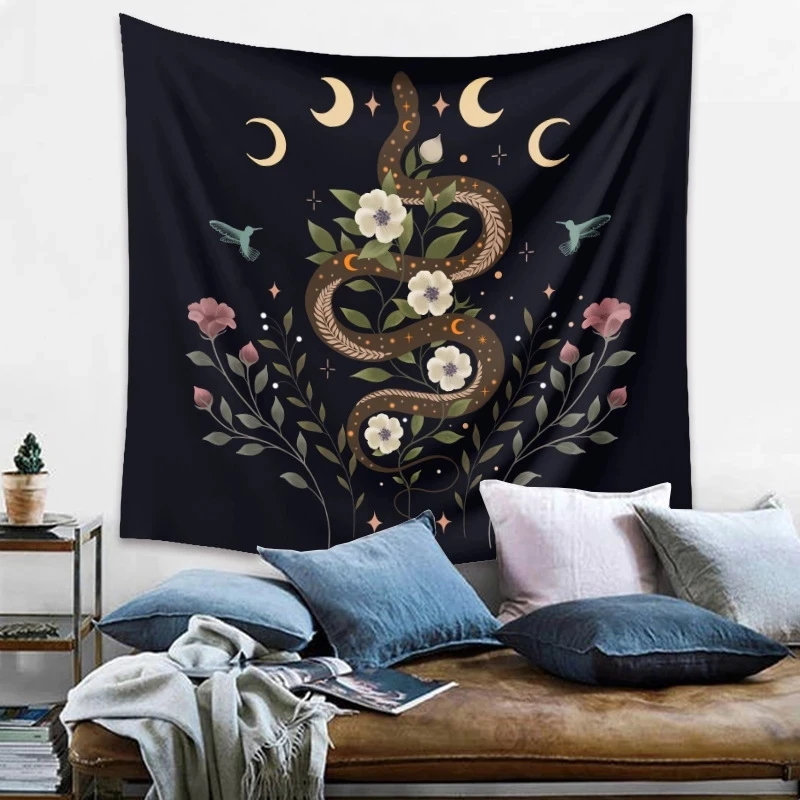 

Psychedelic Snake Tapestry Moon Phase Change Flower Tapestry Wall Hanging Fabric Hippie Background Wall Cover Carpet Home Deco