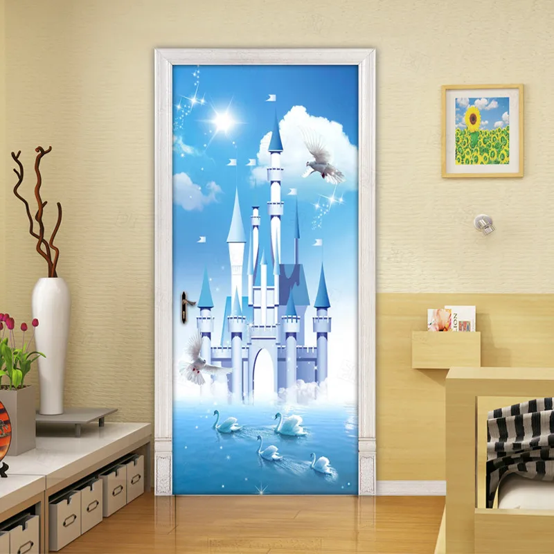 Blue-Sky-White-Clouds-Swan-Lake-Blue-Castle-3D-Children-Room-Bedroom-Door-Decoration-Sticker-Self (4)