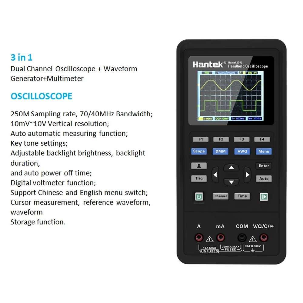 Hantek Digital Multimeter 2D42/2D72 3 In1 Oscilloscope Waveform Generator Multimeter USB Portable Handheld Oscilloscope Tester
Hantek Digital Multimeter 2D42/2D72 3 In1 Oscilloscope Waveform Generator Multimeter USB Portable Handheld Oscilloscope Tester