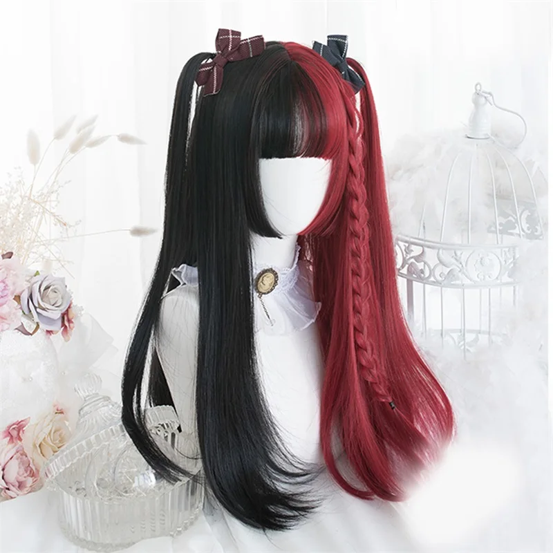 

CosplaySalon Lolita 30CM/65CM Black Mixed Red Ombre Long Short Curly Straight Bob Bangs Halloween Synthetic Cosplay Wig