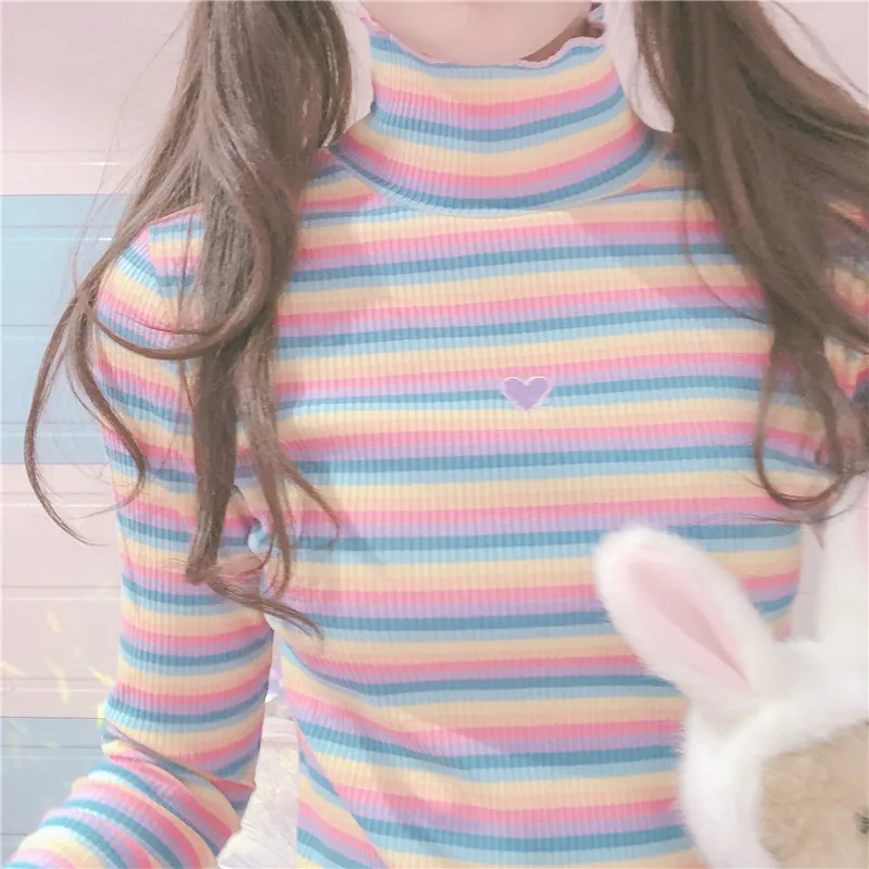 Japanese Sweets Women Turtleneck T-shirt Harajuku Tumblr Rainbow Striped Knitted Tops Kawaii Heart Long Sleeve Girl Tees Shirts
Japanese Sweets Women Turtleneck T-shirt Harajuku Tumblr Rainbow Striped Knitted Tops Kawaii Heart Long Sleeve Girl Tees Shirts