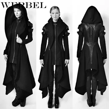 

WEPBEL Women Cosplay Coat Tops Cosplay Avant Irregular Hooded Leather Patchwork Long Coat Gothic Black Cape Coat S-5XL