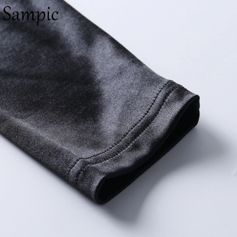 Sampic Women Sexy Casual Stain Turtleneck Long Puff Sleeve Bodysuit Tops Black Ribbed Female Fashion Party Short Romper Bodysuit