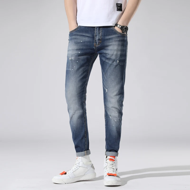 

New mens jeans ripped jeans for men torn painted skinny stretch slim trousers long pants embroidery hip hop Autumn Spring blue