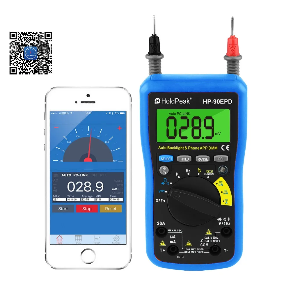 Mobile APP Auto range multimeter true rms AC DC Voltage Current ResistanceCapacitance Frequency Back light,HoldPeak HP-90EPD
Mobile APP Auto range multimeter true rms AC DC Voltage Current ResistanceCapacitance Frequency Back light,HoldPeak HP-90EPD
