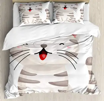 Cat Duvet Cover Set Cartoon of a Happy Kitten with Stripes and Long Whiskers Decorative 3 Piece Bedding Set with 2 Pillow Shams
Cat Duvet Cover Set Cartoon of a Happy Kitten with Stripes and Long Whiskers Decorative 3 Piece Bedding Set with 2 Pillow Shams