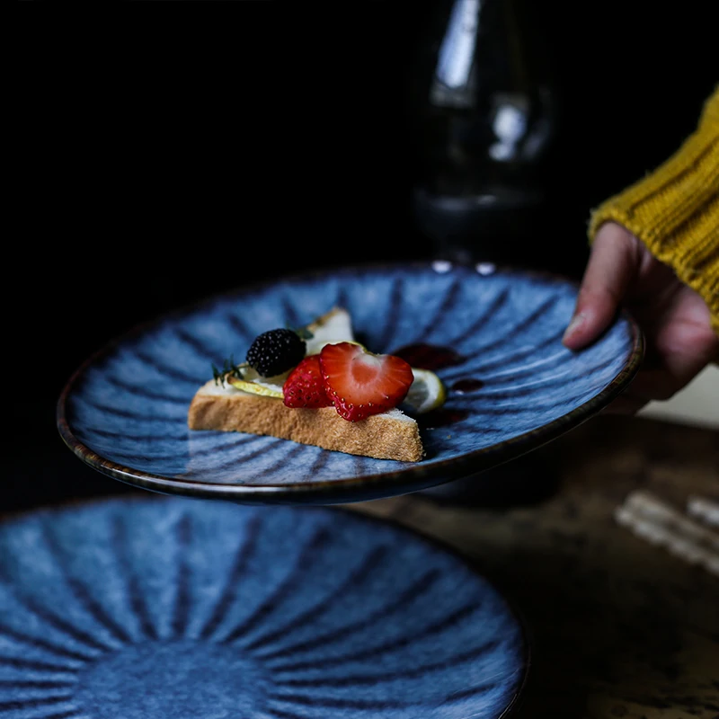 Blue Ceramic Dinner Plate Big and Small Steak Dinnerware Plate