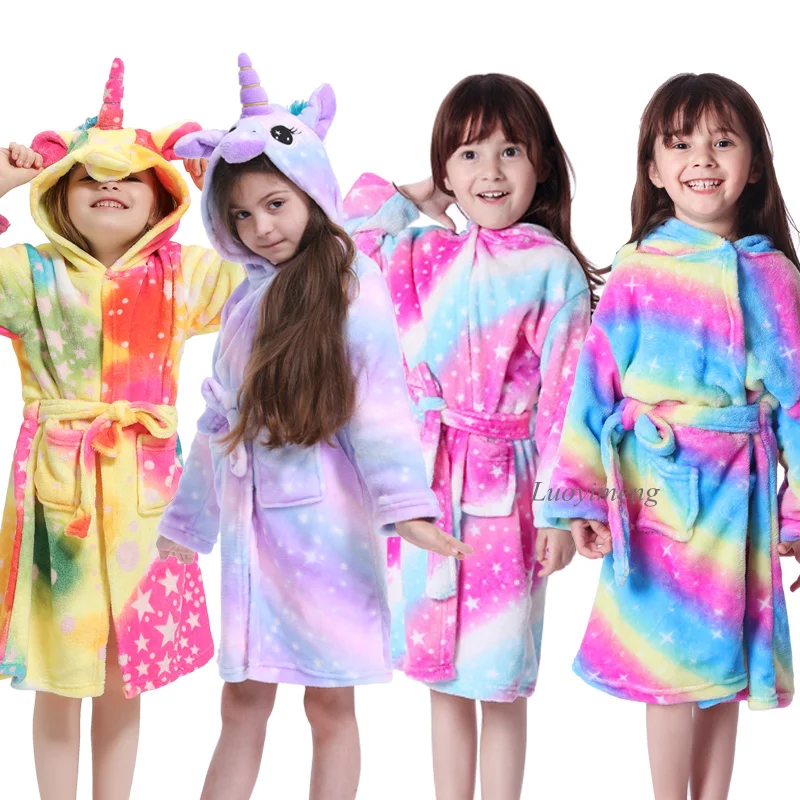 

Kids Unicorn Bathrobes Kigurumi Hooded Animal Robes For Girls Pajamas Boys Sleepwear Children Dressing Gown Baby Bath Towel Robe