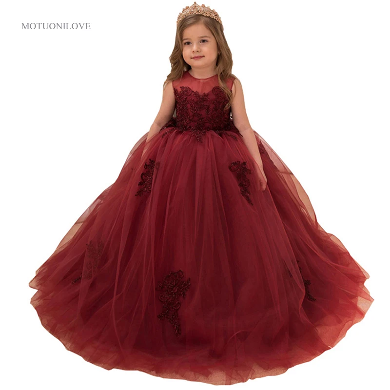 Кружевные бальные платья с аппликацией бордового цвета цветами для девочек на