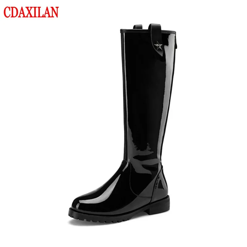 CDAXILAN new to women's knee-high boots genuine cow patent leather low-heel Round toe back-zipper Riding-equestrian boots winter 
CDAXILAN new to women's knee-high boots genuine cow patent leather low-heel Round toe back-zipper Riding-equestrian boots winter