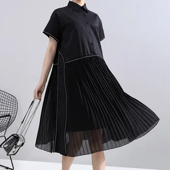 WOMENGAGA 2020 Summer New Pleated Dress Patchwork Empire Casual Loose Turn-down Collar Button Short Sleeve Japanese A264 
WOMENGAGA 2020 Summer New Pleated Dress Patchwork Empire Casual Loose Turn-down Collar Button Short Sleeve Japanese A264