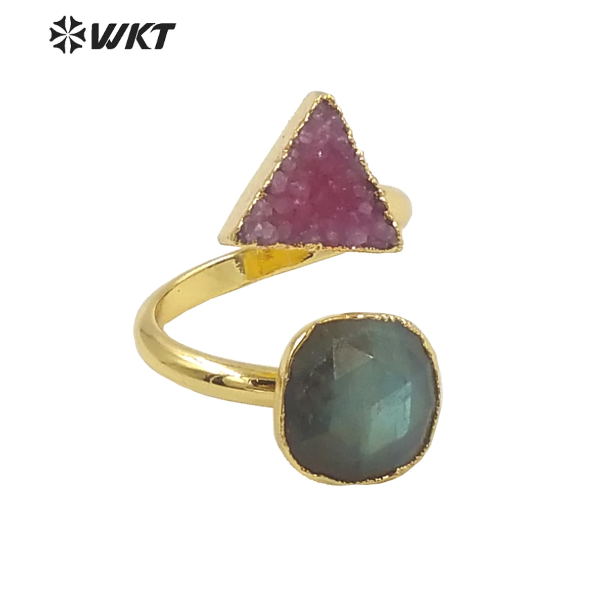 

WT-R373 WKT Exclusive Design Double Gemstone Gold Ring Fashion Popular Plated Natural Stone Adjustable Druzy Accessories