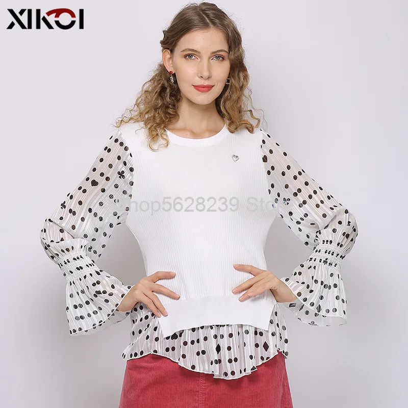 2020 Season Women's Wear Knitting Top Female Splicing Chiffon Long Sleeve Commute Pullover Round Neck Knitting Shirt
2020 Season Women's Wear Knitting Top Female Splicing Chiffon Long Sleeve Commute Pullover Round Neck Knitting Shirt
