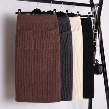 Elegant Midi Pencil Skirt High Waist Stretch Knitted Skirt Women Winter Thick Warm Split Long Warp Skirt Striped Wool Retro W122 
Elegant Midi Pencil Skirt High Waist Stretch Knitted Skirt Women Winter Thick Warm Split Long Warp Skirt Striped Wool Retro W122