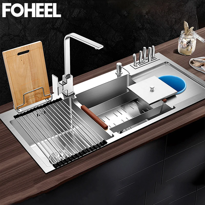 FOHEEL Luxurious Three Kitchen Sink Stainless Steel Tool Carrier Basin Kitchen Sink Rectangular And Trash Double Sink Kitchen
FOHEEL Luxurious Three Kitchen Sink Stainless Steel Tool Carrier Basin Kitchen Sink Rectangular And Trash Double Sink Kitchen
